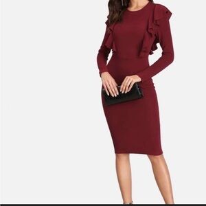 SHEIN Burgundy Midi Dress with Ruffles